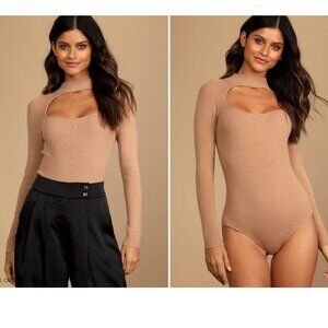 Above the Cut Tan Ribbed Long Sleeve Cutout Bodysuit